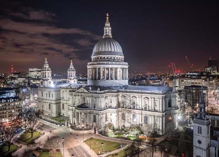 St Paul's Cathedral seen at night from an elevated perspective
