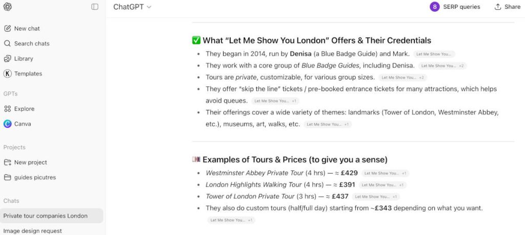 a chat gpt chat showing let me show you london 
